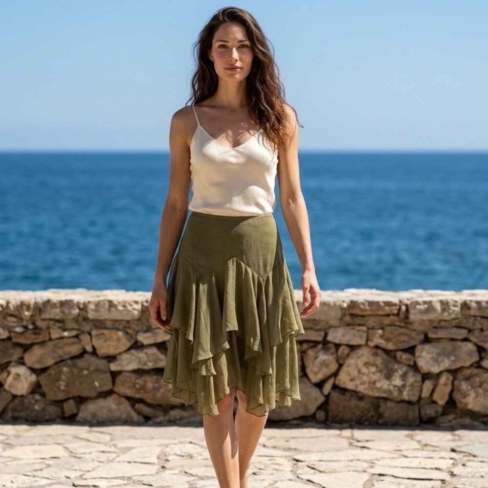 Polo Ralph Lauren Olive Green Tiered Ruffle Mini Skirt Size 12 Boho Gauze Silk